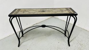 A METAL CRAFT HALL SIDE TABLE WITH MOSAIC TILE INSERT TO TOP W 110CM D 30CM H 76CM.