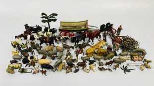 A BOX OF VINTAGE LEAD FARM TO INCLUDE ANIMALS, CART ETC.