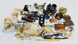 BOX OF MIXED COLLECTABLES TO INCLUDE PENS, DUNHILL LIGHTER, TINS, MATCH STRIKER, PIPE,