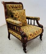 VICTORIAN MAHOGANY BUTTON BACK OPEN ARM CHAIR WITH TURNED RAIL DETAIL.