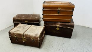 3 X VINTAGE TIN TRUNKS, ONE TO INCLUDE CONTENTS VINTAGE BLANKETS & LINEN ETC.