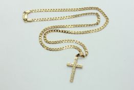 A PENDANT CROSS SET WITH SEVEN DIAMONDS STRUNG FROM A 9CT GOLD CURB LINK CHAIN - L 46CM.