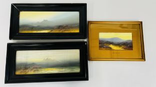 THREE FRAMED OIL PAINTINGS OF MARSH SCENES AND MOUNTAIN TOPS (POSSIBLY DARTMORE) BEARING SIGNATURES.