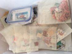 STAMPS: TUB WITH LOOSE MIXTURE, SOME IN PACKETS WTIH GB QV 1d LILACS, CLUB BOOK PAGES, ETC.