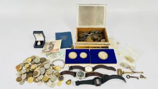 A COLLECTION OF ASSORTED COINAGE AND BANKNOTES TO INCLUDE BOXED SILVER EXAMPLES,