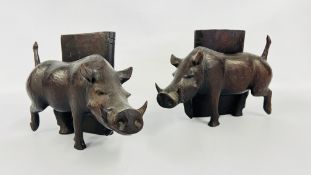 A PAIR OF VINTAGE CARVED WILD BOAR BOOKENDS MARKED 