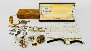 A BOX OF COSTUME JEWELLERY AND WATCHES TO INCLUDE SIMULATED PEARLS, POCKET WATCH ETC.