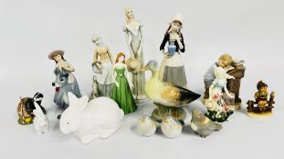 A GROUP OF CABINET ORNAMENTS TO INCLUDE FIGURINES IN THE LLADRO STYLE, RABBITS,