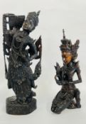 A MODERN THAI CARVING OF A KNEELING WOMAN H 35CM AND A MODERN THAI CARVED DANCING FIGURE H 43CM.