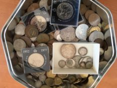 COINS: TIN OF MIXED TO INCLUDE A FEW SILVER, GB 1935 CROWN ETC.