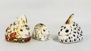 3 X ROYAL CROWN DERBY PAPERWEIGHTS WITH GOLD STOPPERS TO INCLUDE MEADOW RABBIT.