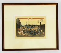 A FRAMED JAPANESE COLOURED PRINT OF A STREET PROCESSION, 25 X 35CM.
