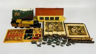 A GROUP OF VINTAGE TOYS TO INCLUDE C19TH PICTURE BUILDING BLOCKS, TIN TUNNEL & TRAIN, NOAHS ARK ETC.