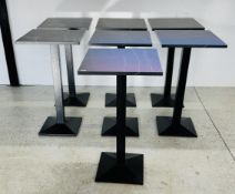 7 X RESTAURANT PEDESTAL BISTRO TABLES WITH BLACK MARBLE EFFECT TOPS, 60 X 60 X 107CM.