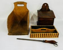 A GROUP OF TREEN KITCHENALIA TO INCLUDE A CANDLE BOX, CUTLERY TRAY ETC.