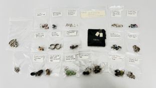 20 X PAIRS OF ASSORTED SILVER AND WHITE METAL EARRINGS TO INCLUDE STONE SET EXAMPLES.