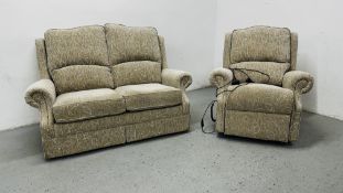 A GOOD QUALITY ALSTONS STONE UPHOLSTERED TWO PIECE LOUNGE SUITE COMPRISING ELECTRIC RECLINER AND