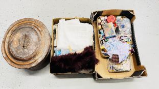 TWO BOXES OF ASSORTED HABERDASHERY ACCESSORIES TO INCLUDE COTTON REELS, SCISSORS AND MATERIAL,