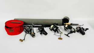 A GROUP OF FISHING REELS AND ROD TO INCLUDE WYCHWOOD GRANDE TOURER LURE ROD, BADGER 1060 REEL,