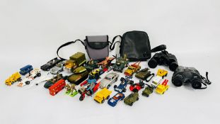 A BOX CONTAINING A COLLECTION OF CORGI, MATCHBOX, DIE CAST VEHICLES, ETC.