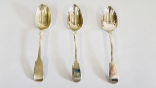 THREE FIDDLE PATTERN DESSERT SPOONS, DIFFERENT DATES AND MAKERS.