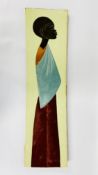 OIL ON CANVAS AFRICAN FEMALE FIGURE BEARING SIGNATURE NGOMBE, 90 X 24.5CM.