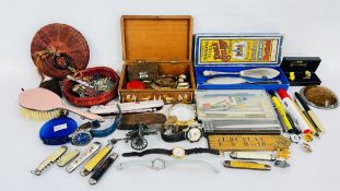 A BOX OF COLLECTIBLES TO INCLUDE ETHNIC EARRINGS TO INCLUDE WHITE METAL, PENS AND POCKET WATCHES,