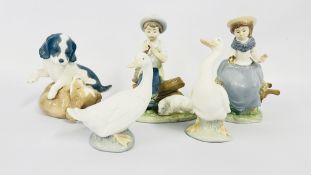 A GROUP OF 5 NAO BY LLADRO CABINET ORNAMENTS TO INCLUDE GEESE, PUPPIES PLAYING ETC.