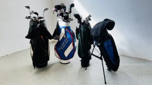 THREE GOLF BAGS AND CONTENTS TO INCLUDE CALLAWAY, PING, PRO-WHEEL, CLEVELAND, SLAZENGER, TOUR EDGE,