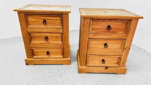 A PAIR OF MEXICAN PINE THREE DRAWER BEDSIDE CHESTS EACH W 55CM D 40CM H 68CM.