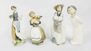 THREE NAO BY LLADRO CABINET ORNAMENTS TO INCLUDE A YOUNG WOMAN HOLDING PUPPIES AND A CHOIR BOY + A
