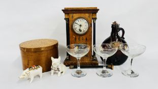 ANTIQUE WOODEN CASED CLOCK FOR RESTORATION + WOODEN COLLAR BOX + TWO CRESTED WARE PIGS,