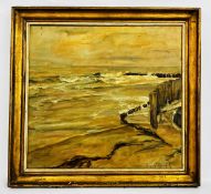 OIL ON CANVAS BEACH SCENE WITH BREAKERS BEARING SIGNATURE JAN VAN RYSWYCK, 70.5CM X 75.5CM.