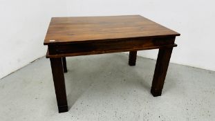 A COUNTRY AND EASTERN STYLE HARD WOOD DINING TABLE W 91CM L 121CM.
