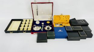 TWO CASED SETS OF METAL WEIGHING SCALES + VARIOUS JEWELLERY PRESENTATION BOXES.