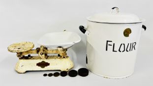 A VINTAGE ENAMEL TWO HANDLED FLOUR BIN AND A PAIR OF J & J SIDDONS LTD SCALES.