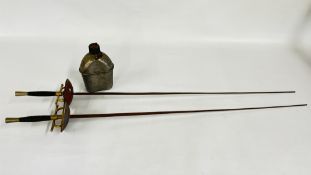 TWO ANTIQUE FENCING SWORDS & 1944 ALUMINIUM FLASK AS S.M. CO.
