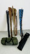 A GROUP OF VARIOUS FISHING RODS AND FISHING ACCESSORIES TO INCLUDE DAM CHEVRON QUIVER 10FT,