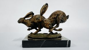 A PAIR OF MOUNTED BRONZE HARES