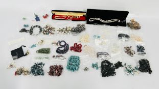 A BOX OF ASSORTED COSTUME JEWELLERY TO INCLUDE AN EXTENSIVE COLLECTION OF BEADED NECKLACES AND