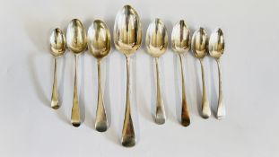 A GROUP OF 8 SILVER OLD ENGLISH PATTERN SPOONS, VARIOUS DATES AND MAKERS.