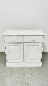 A PAINTED PINE TWO DRAWER CUPBOARD, W 90CM X D 42CM X H 87CM.
