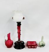 A VINTAGE CRANBERRY GLASS OIL LAMP WITH GLASS SHADE, CRANBERRY GLASS ASH TRAY,