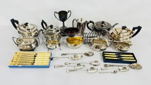 A BOX OF ASSORTED PLATED WARES TO INCLUDE TEA SETS,