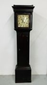 ANTIQUE OAK CASED GRANDFATHER CLOCK - THE DIAL MARKED PECK WELLINGBORO WITH PENDULUM AND WEIGHT,