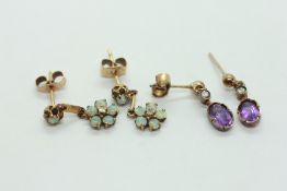 A PAIR OF 9CT GOLD DIAMOND & AMETHYST DROP EARRINGS + A PAIR OF 9CT DIAMOND & OPAL FLOWER HEAD DROP