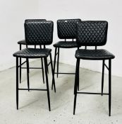 FOUR INDUSTRIAL BLACK FAUX LEATHER QUILTED BREAKFAST/BAR STOOLS