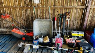 AN ASSORTMENT OF SHED TOOLS AND SUNDRIES TO INCLUDE WHEELBARROW, PRO MAC PETROL STRIMMER,