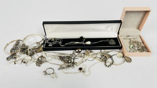 3 BOXES OF ASSORTED SILVER JEWELLERY INCLUDING AMBER SET, NECKLACES, EARRINGS, BANGLES,