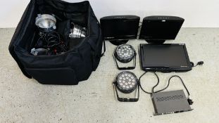 A BAG OF PAR LIGHTS TO INCLUDE LEADS AND CONTROLLER,